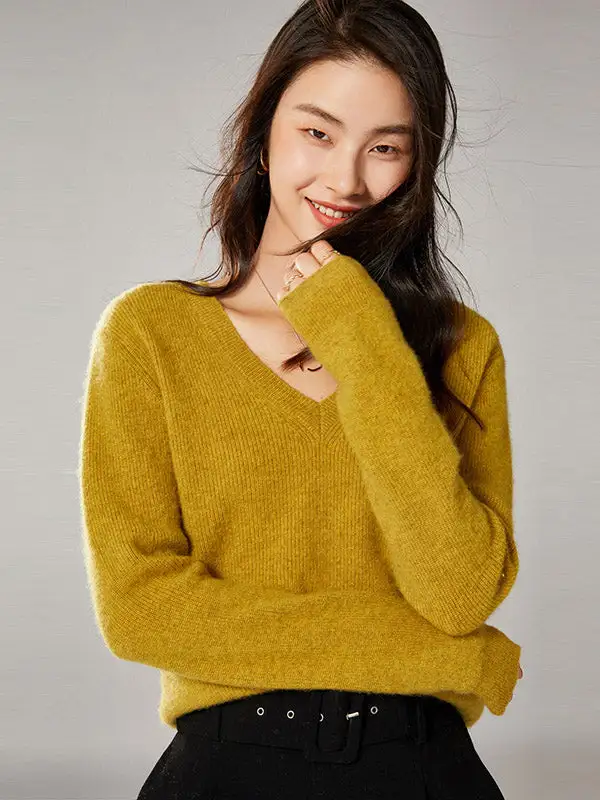 Simple 6 Colors V-Neck Long Sleeves Wool Knitting Sweater