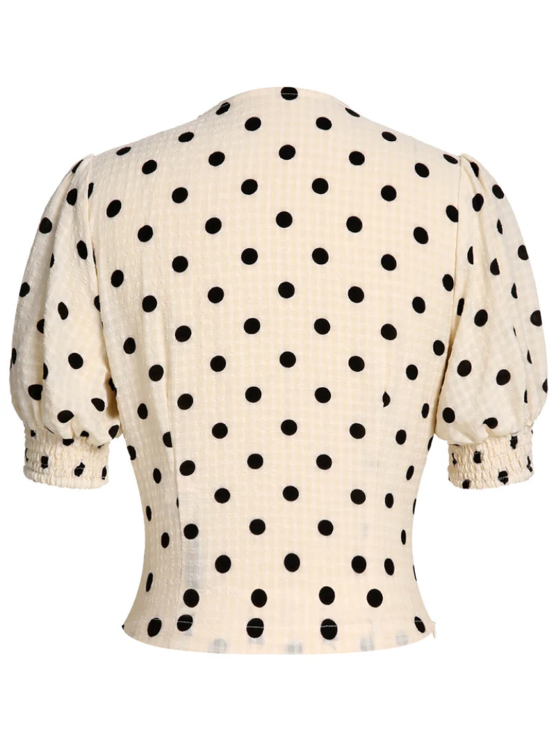 BEIGE 1940S DOTS BOWKNOT V-NECK BLOUSE