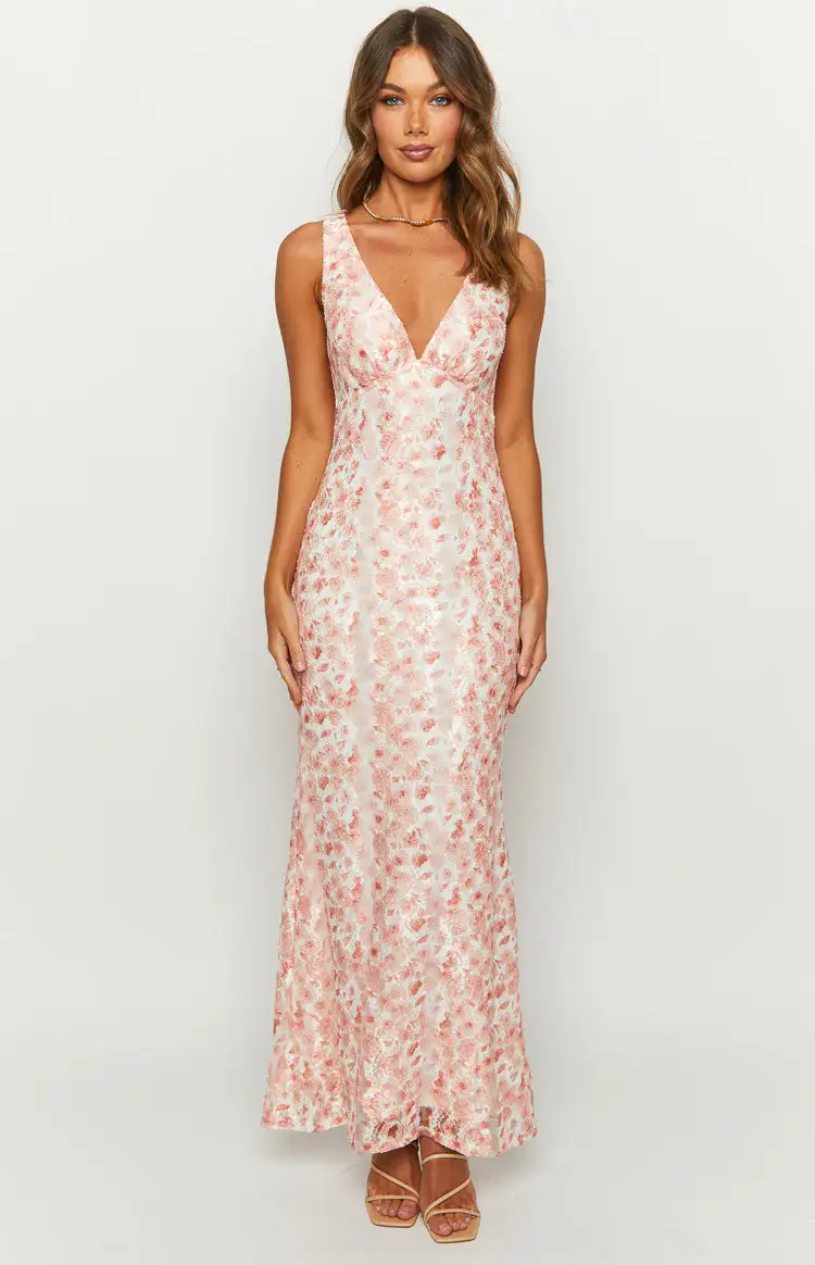 Farida Peach Lace Maxi Dress