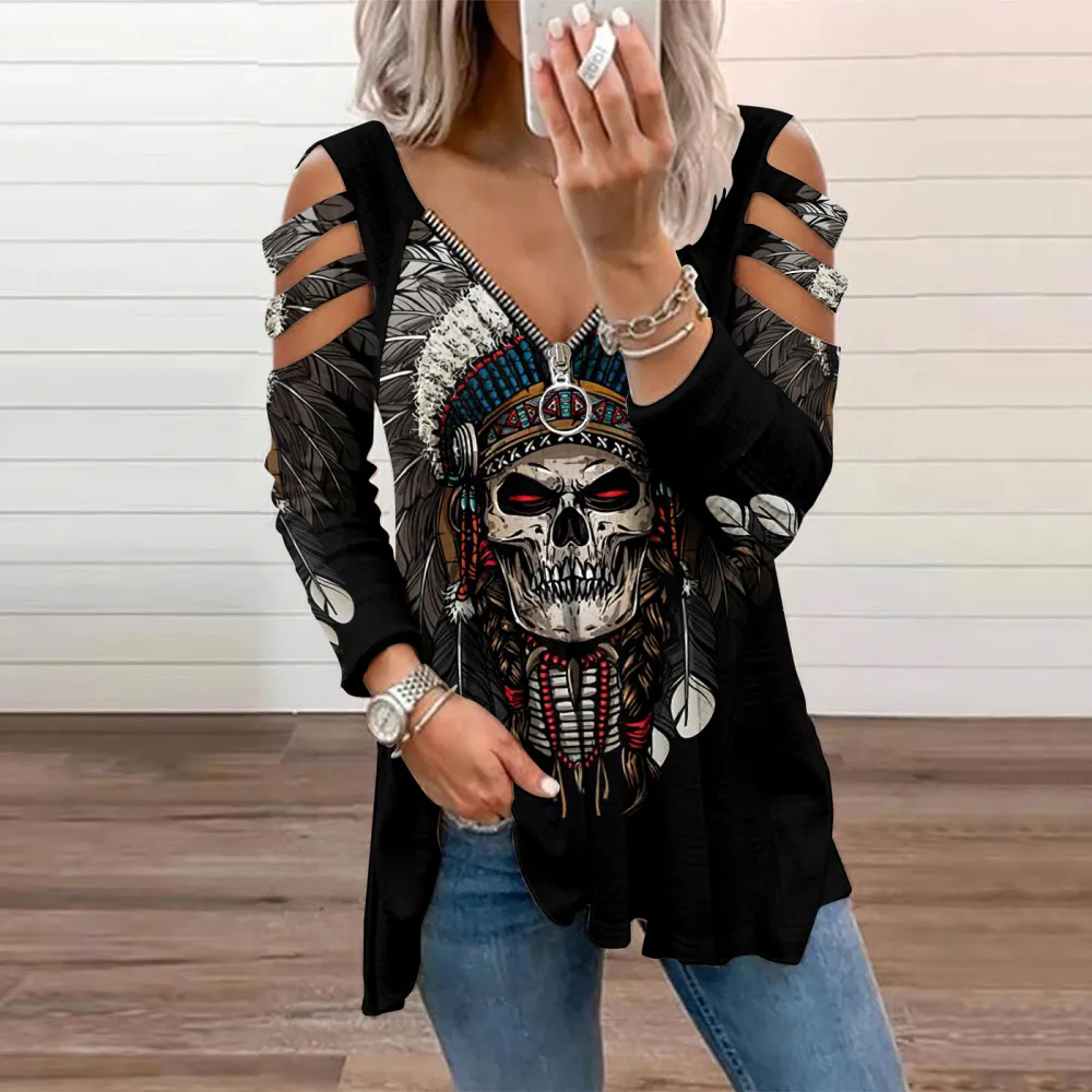 Western Tribal Skull Feather Printed Hollow Out Zip T-Shirt