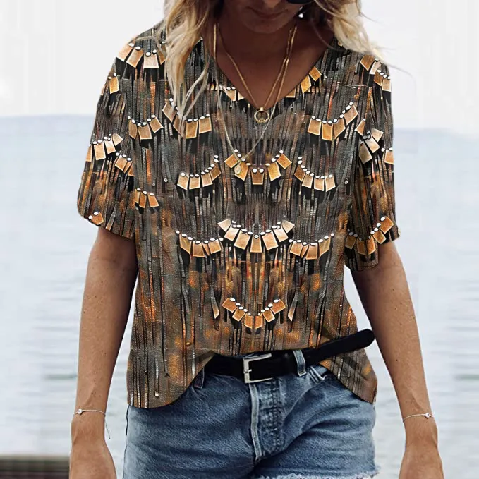 Western Fringe Print V-Neck Casual T-Shirt