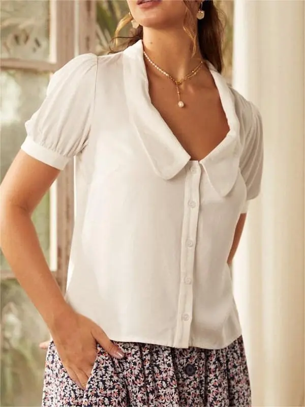 White Short Sleeve Pullover Blouse for Women