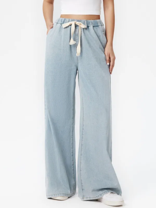 Denim High Waist Solid Tie Front Wide Leg