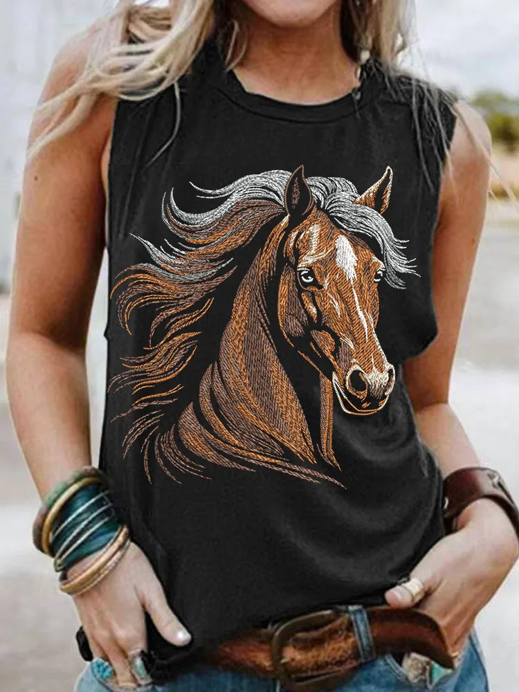 Horse Embroidery Pattern Casual Vintage Tank Top