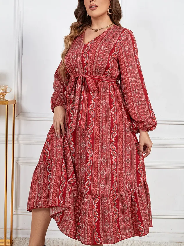 Plus Bandana Print V-Neck Lantern Sleeve Ruched Maxi Dress