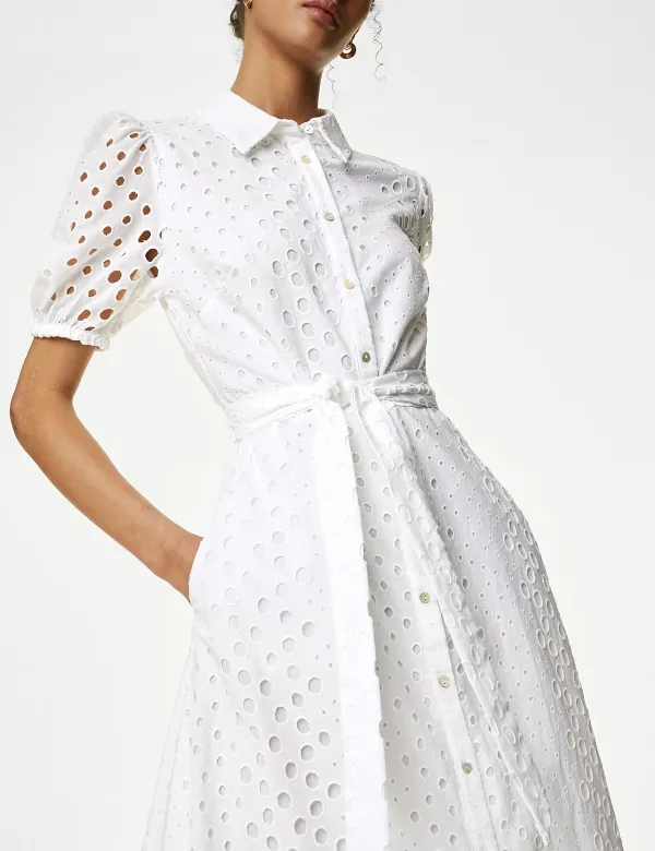 Pure Cotton Broderie Midi Shirt Dress