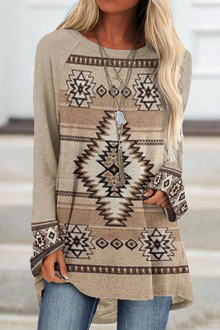 Western Print Paneled Crew Neck Tunic