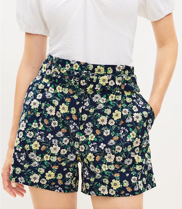 Belted Pleated Shorts in Floral Twill