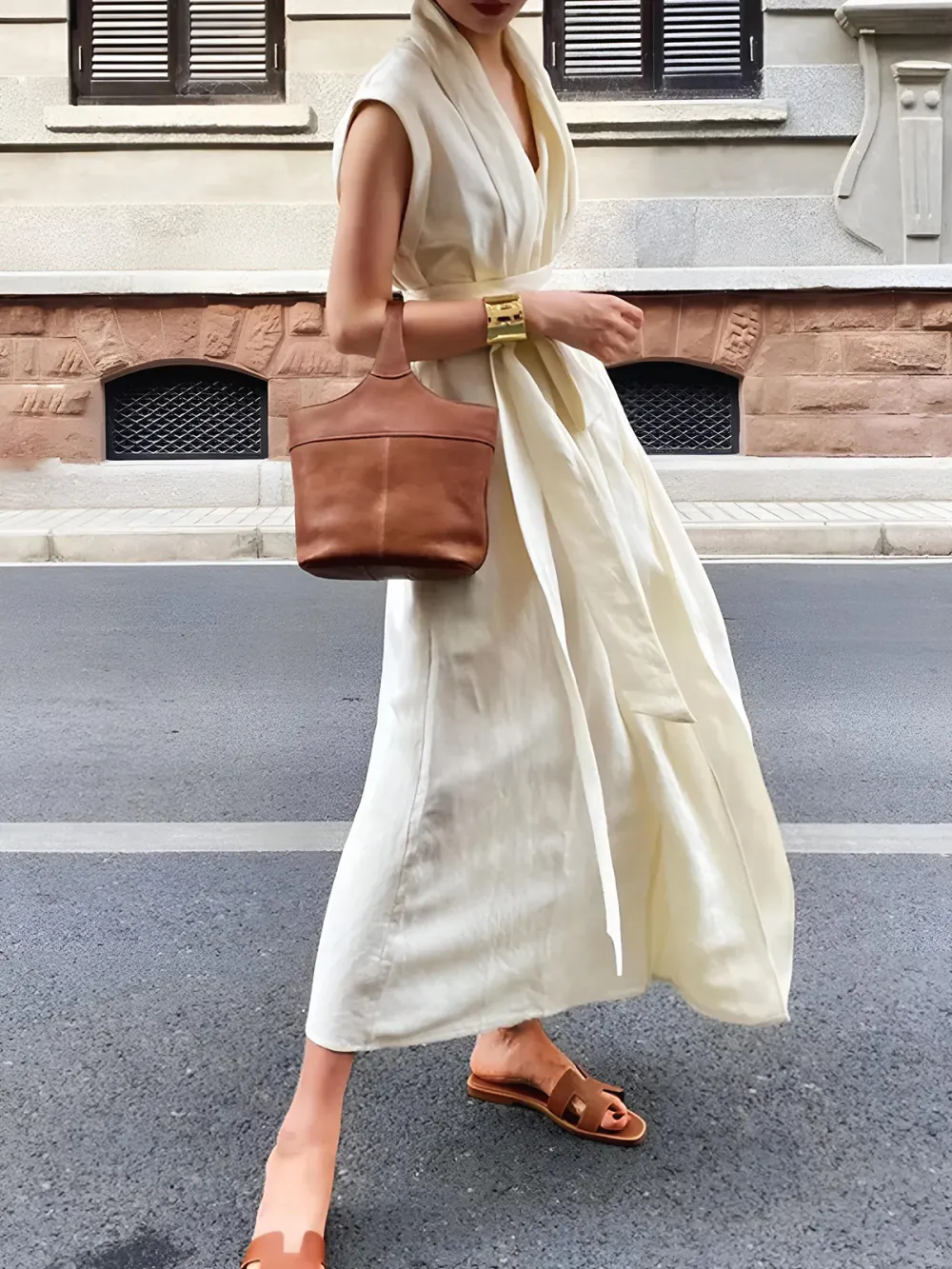 Cotton & Linen Belted Sleeveless Long Dress