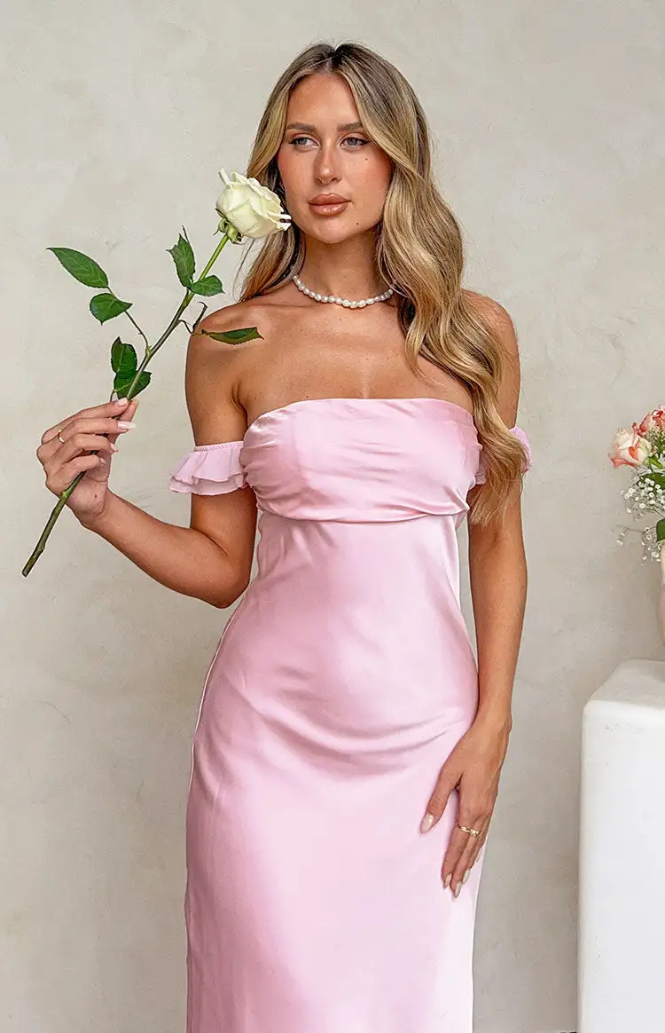 Elvira Pink Satin Formal Maxi Dress