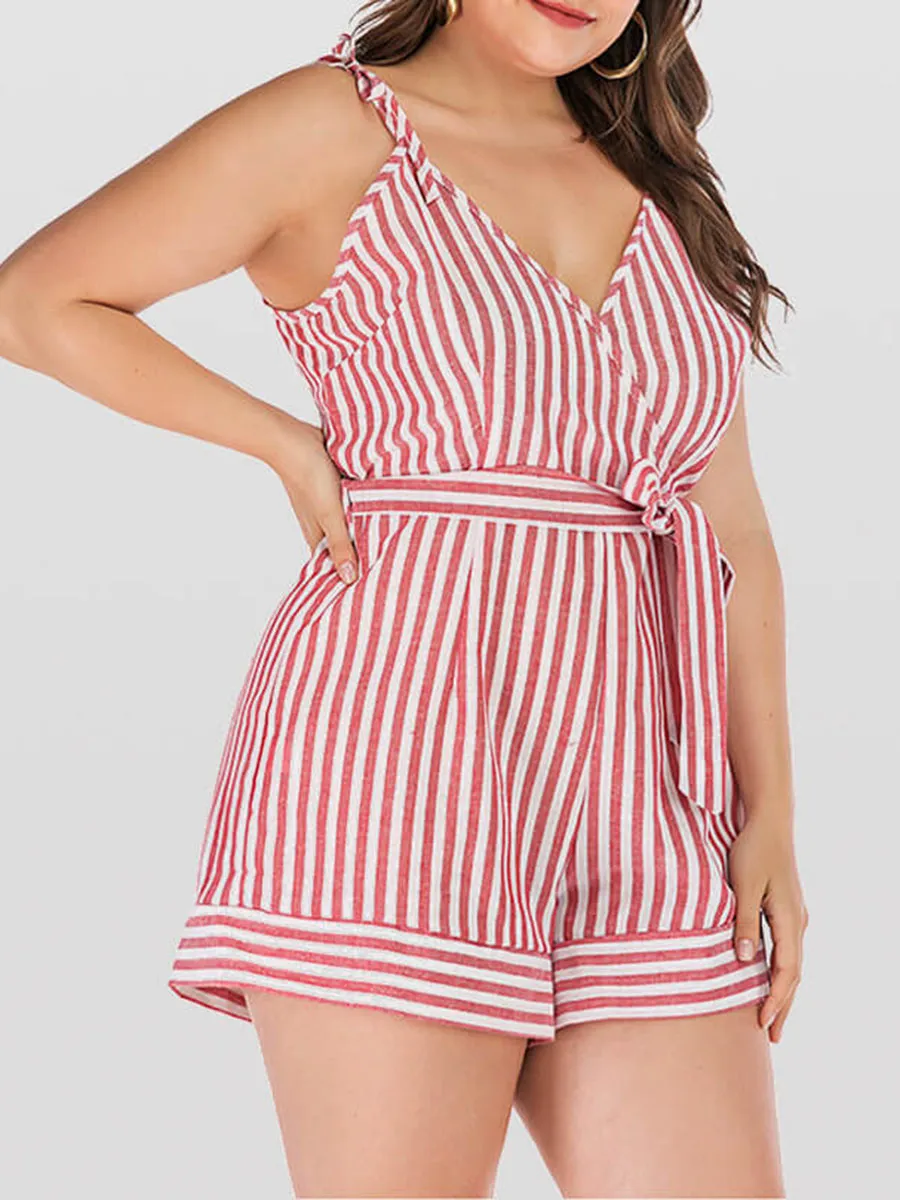 Plus Pink Crisscross Striped V-Neck Knot Side Romper