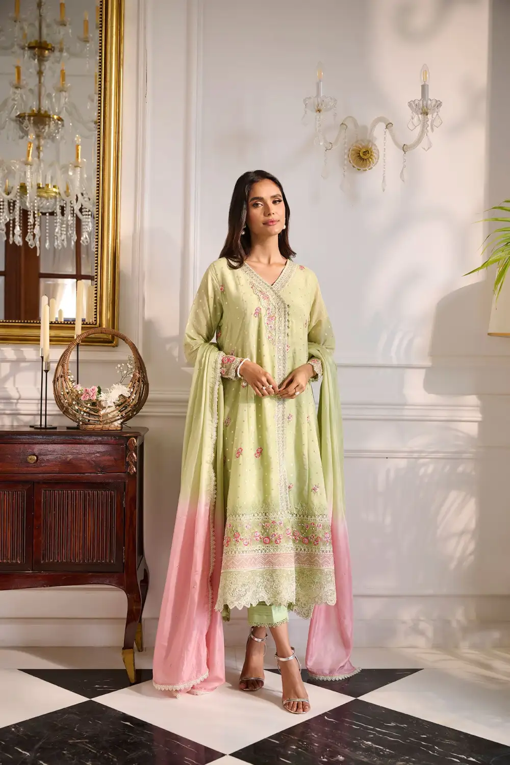 LIGHT GREEN 3PCS  EMBROIDERED KURTA WITH TROUSER