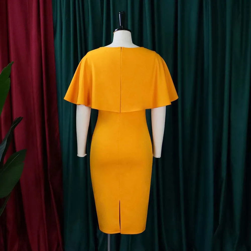 Women Summer Orange Formal V-neck Cape Sleeve Solid Midi Sheath Office Dress