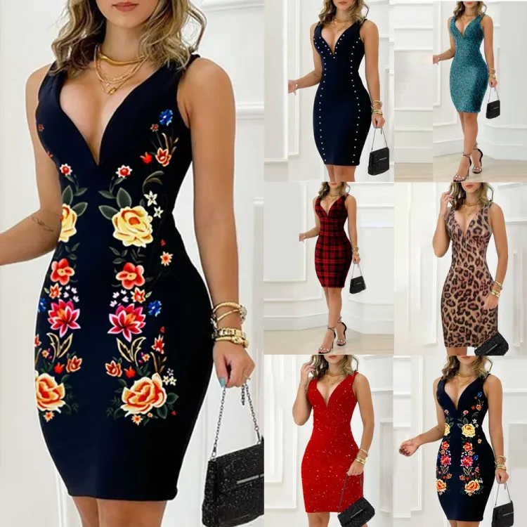 Women Summer Printed Sexy V-neck Sleeveless Leopard Print Mini Pencil Club Dress