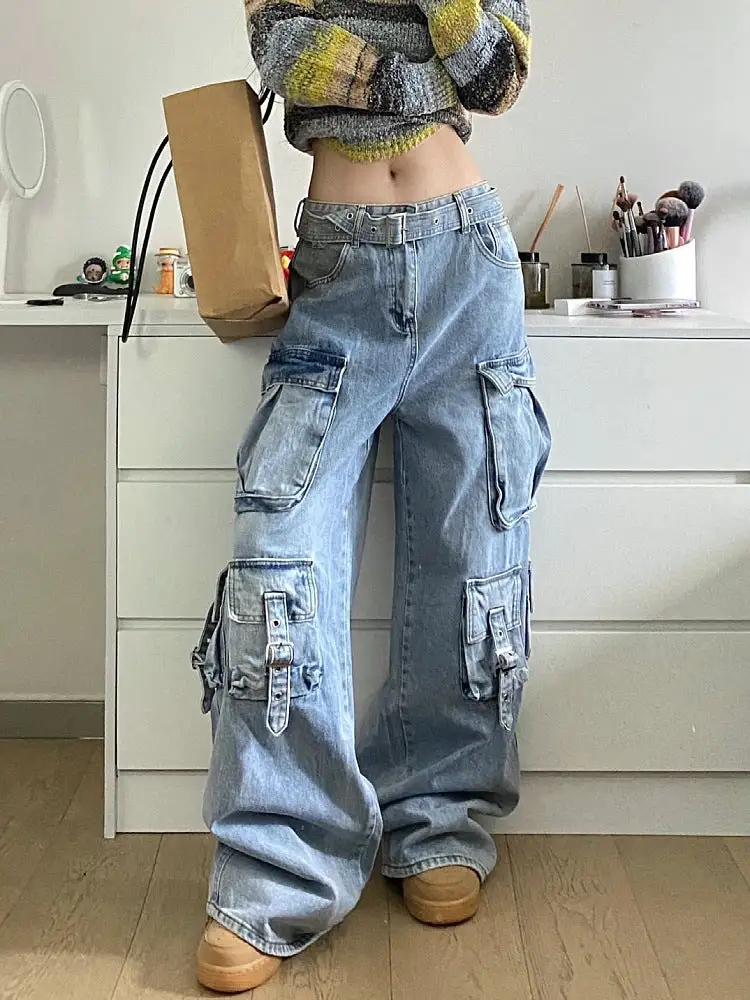 Wide Leg Pocket High Waist Loose Jeans