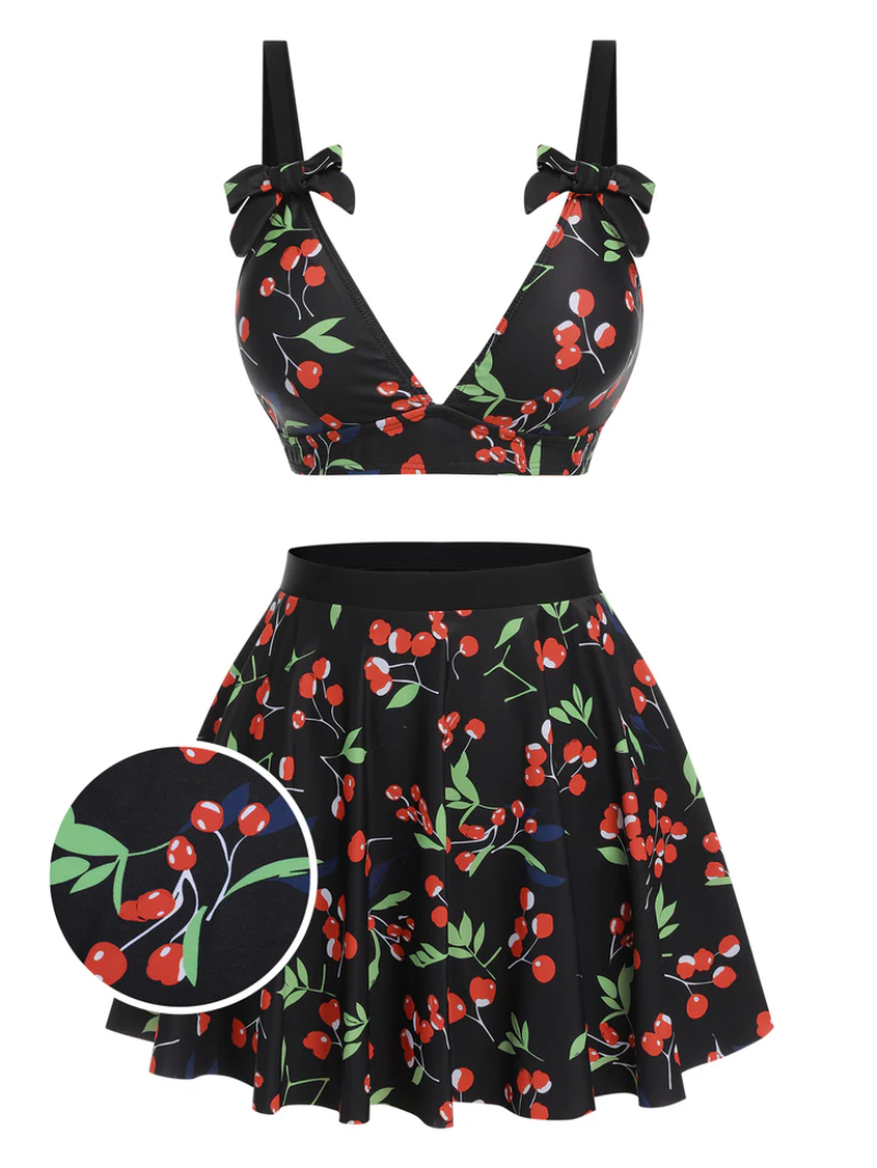 BLACK 1950S CHERRY BOW V-NECK SWIMSUIT