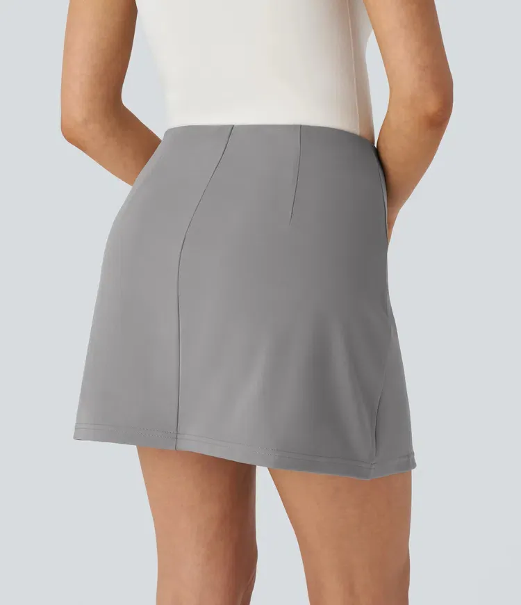 High Waisted Decorative Button 2-in-1 A Line Mini Work Skirt