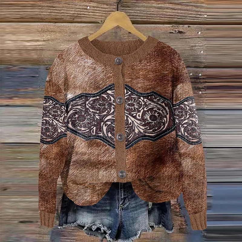 Western Floral Leather Pattern Women'S Cardigan Sweater