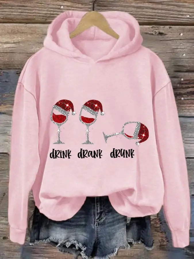 Women's Funny Christmas Drink Drank Drunk Red Wine Glass Casual Hoodie