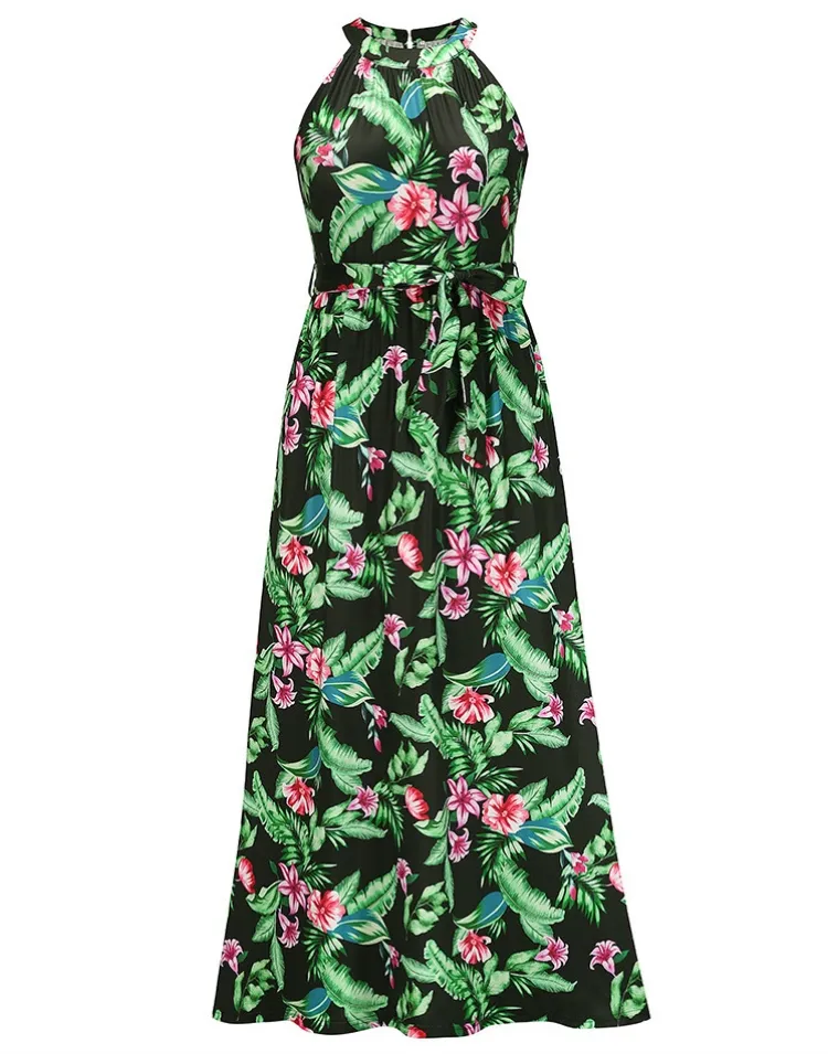 Women Summer Printed Romantic O-Neck Sleeveless Floral Print Beach Maxi Dress