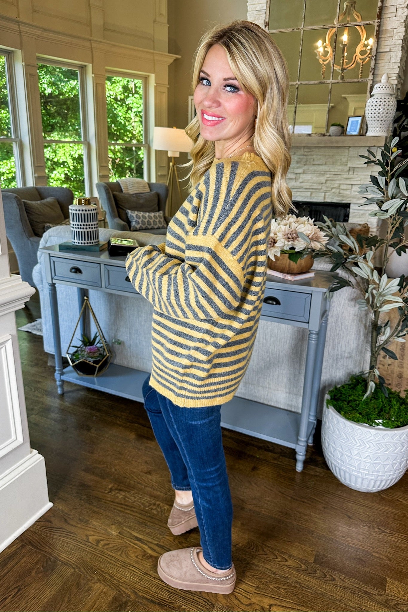 Grey & Mustard Yellow Striped Cozy Knit Sweater