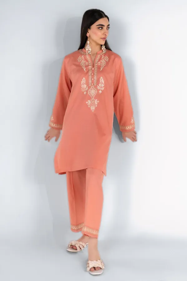 2 Piece Kurta | Embroidered & Pants | Orange