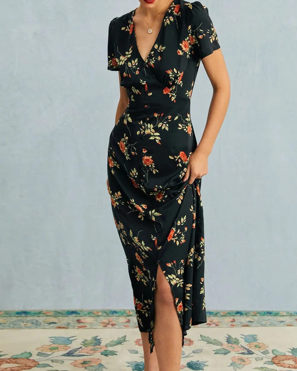 Black V-neck floral dress