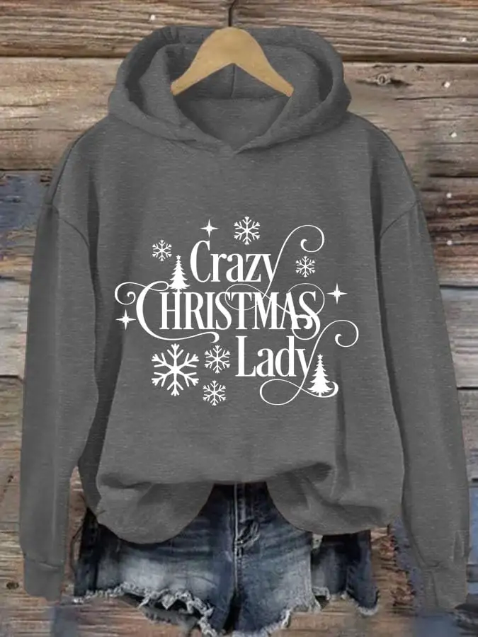 Women's Crazy Christmas Lady Print Casual Hooded Sweatshirt