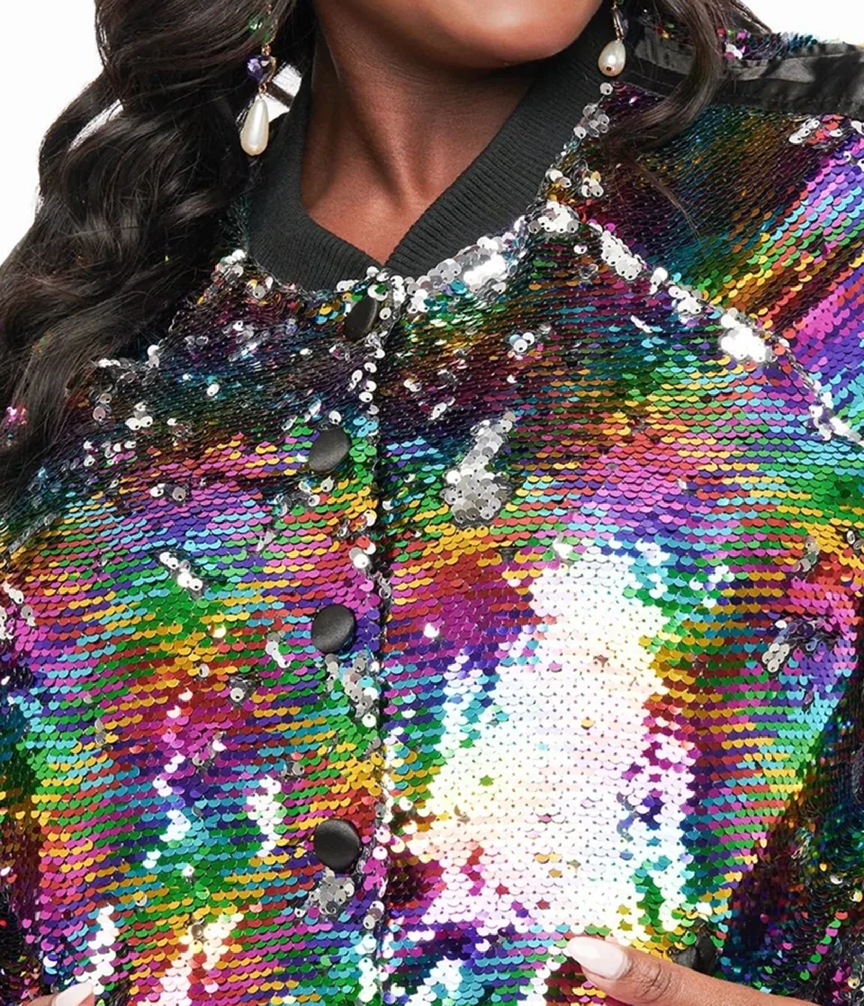 Unique Vintage Plus Size Rainbow Sequin Satin Bomber Jacket