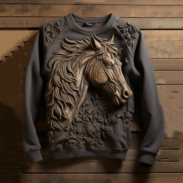 Western Horse Print Long Sleeve Casual Sweatshirt