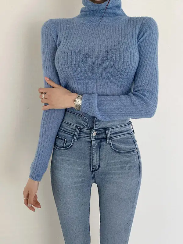 Simple Solid Color High-Neck Long Sleeves Knitwear