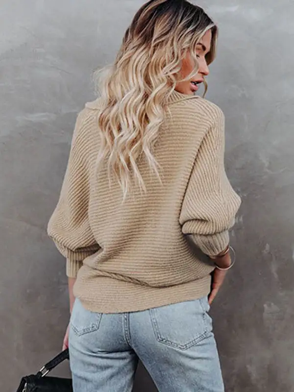 Long Sleeves Solid Color Lapel V-Neck Sweater Tops