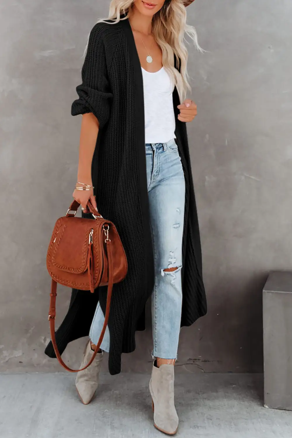 Open Front Side Slit Duster Knit Cardigan