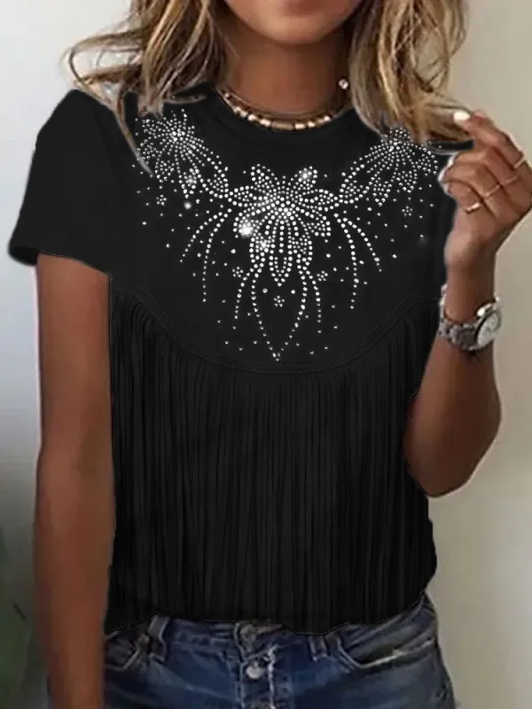 Western Rhinestone Flower & Leather Graphic Print T Shirt