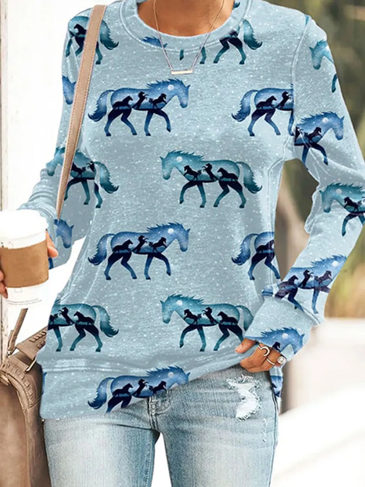 Horse Print Round Neck Casual Sweatshirt