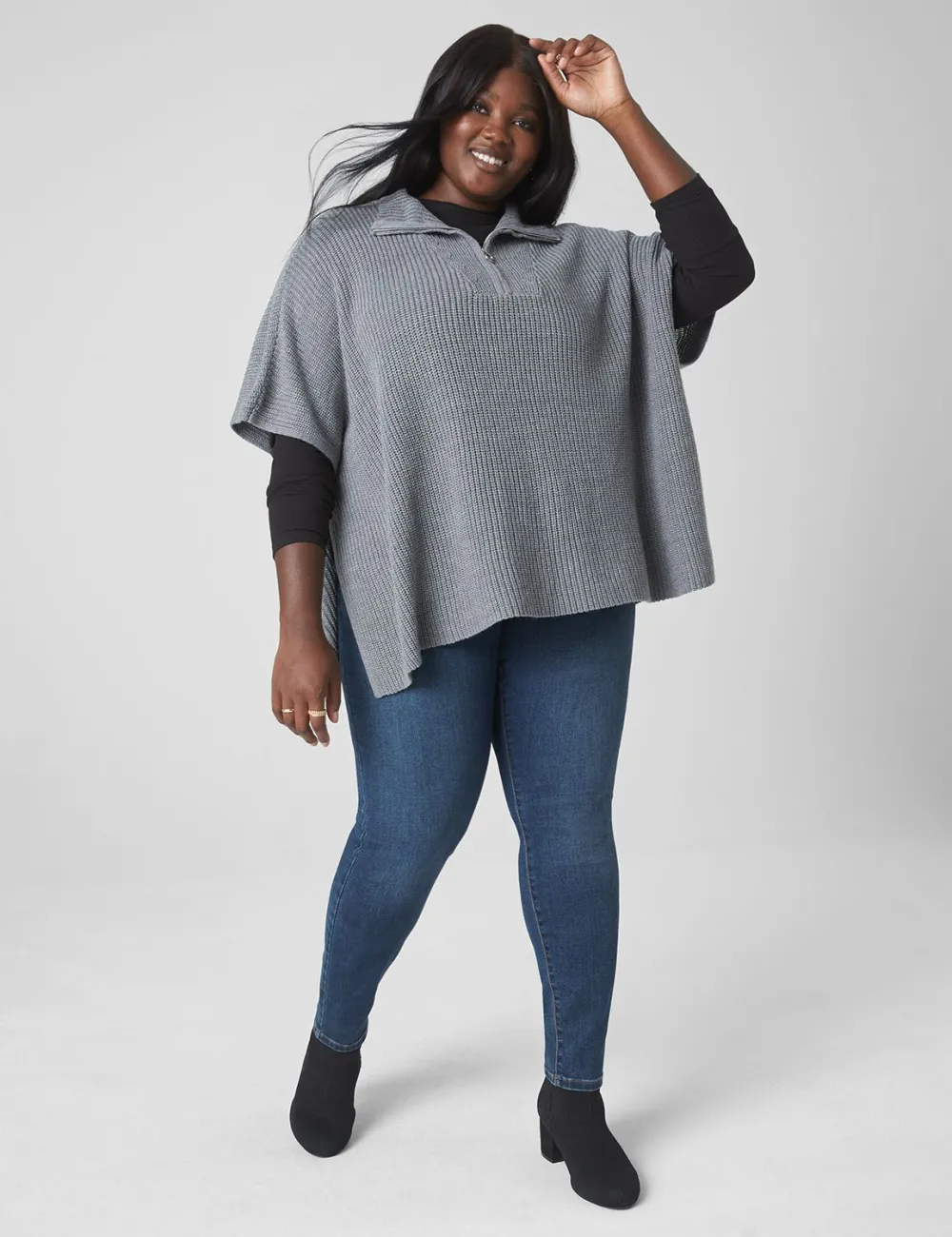 Relaxed Medium-Sleeve Turtleneck Poncho