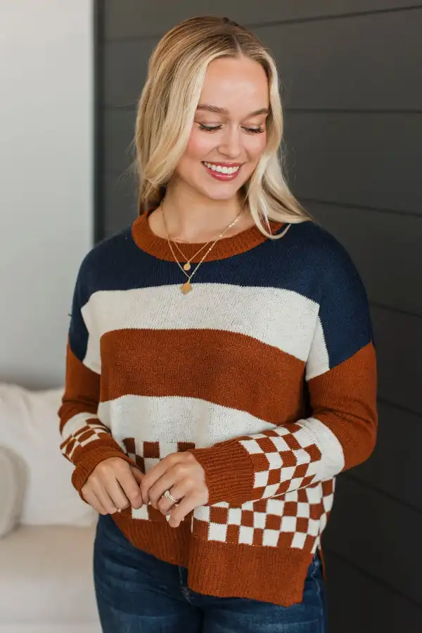 Love Me Anyway Color Block Sweater- Navy & Copper