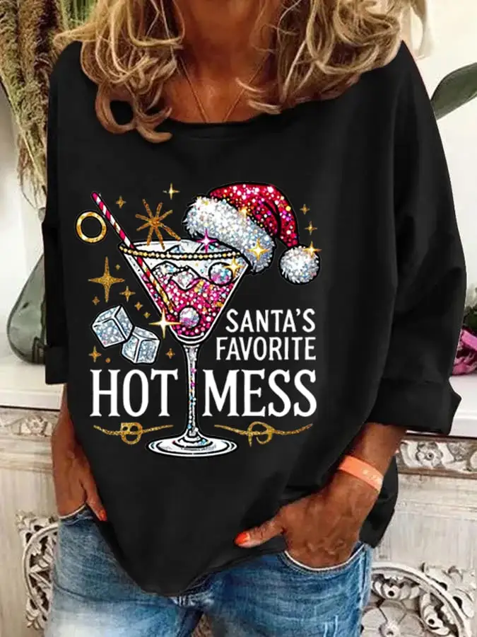 Women's Christmas Santa's Favorite Hot Mess Printed Casual Sweatshirt