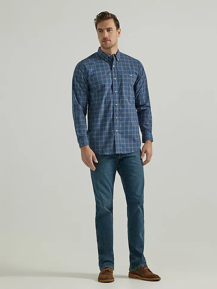 WRANGLER RUGGED WEAR® LONG SLEEVE WRINKLE RESIST PLAID BUTTON-DOWN SHIRT IN TEAL NAVY