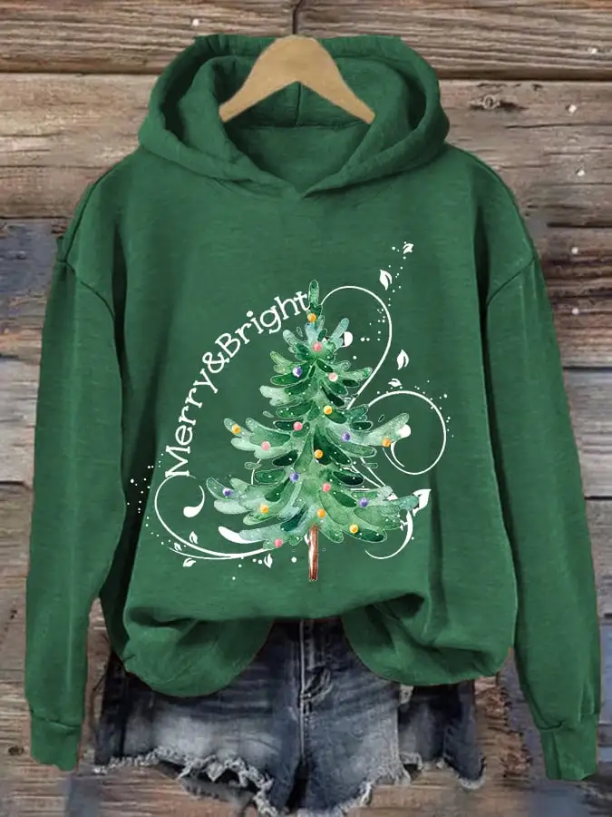 Women's Merry And Bright Christmas Tree Casual Hoodie