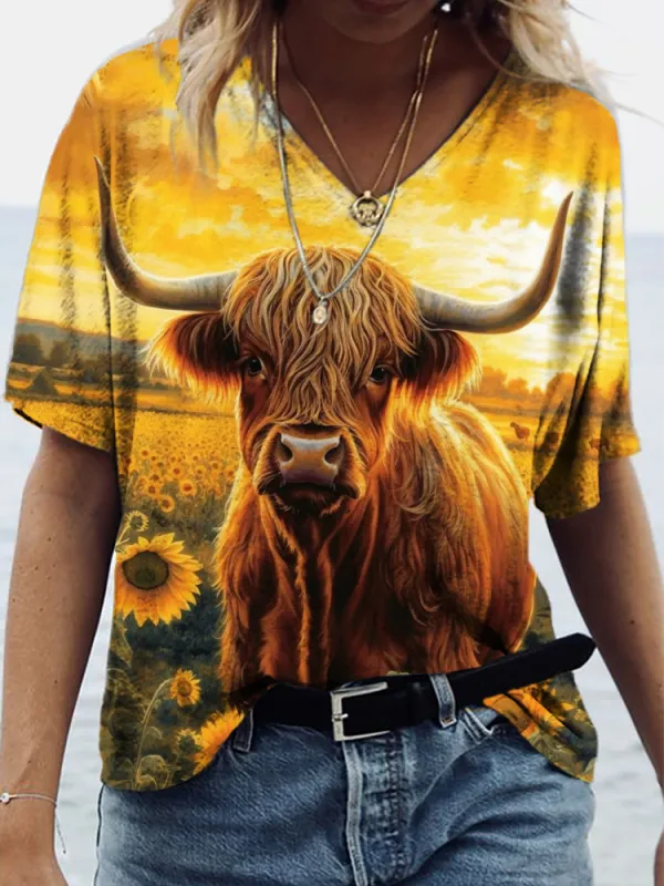 Western Highland Cow And Sunflower V Neck T Shirt