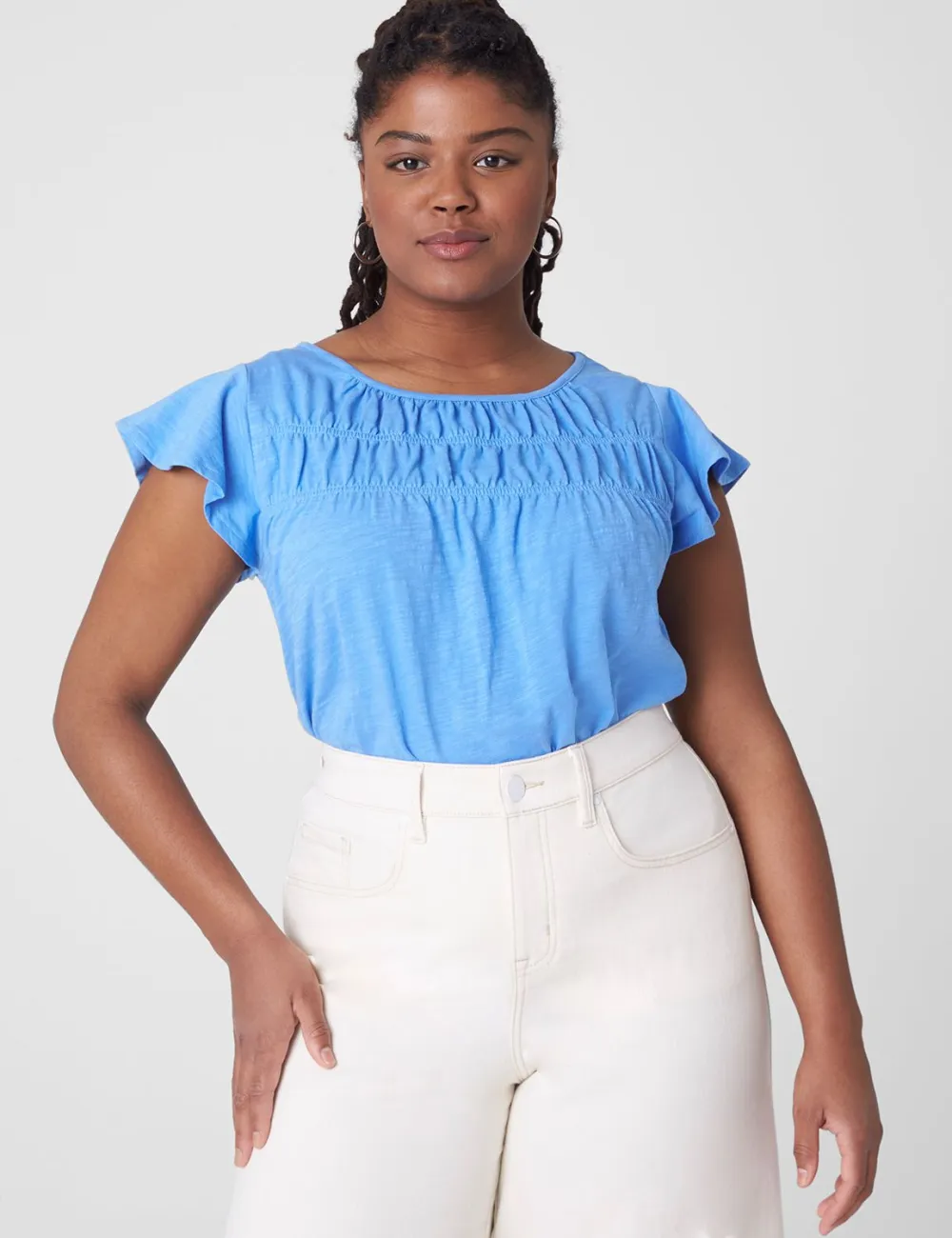 Flutter-Sleeve Boatneck Ruched Tee