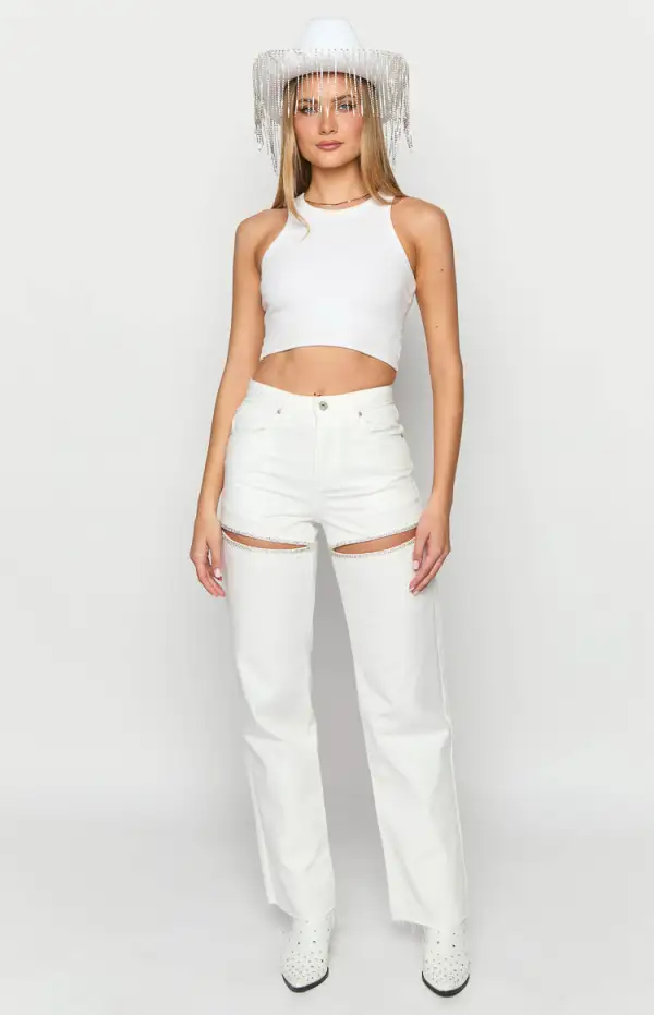 Gem Diamante Trim Wide Leg White Denim Jeans