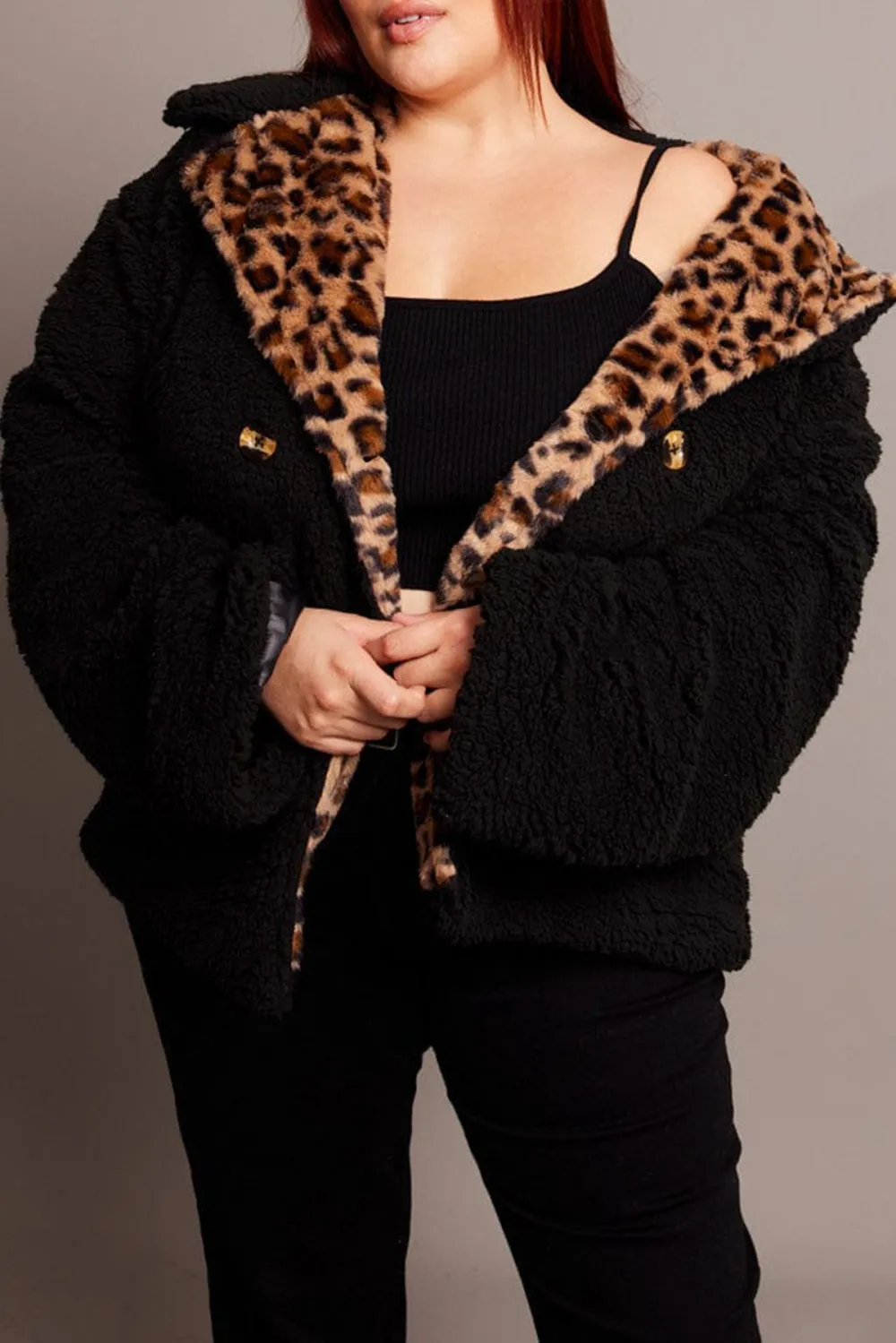 Black Teddy Jacket Long Sleeve Leopard Trim