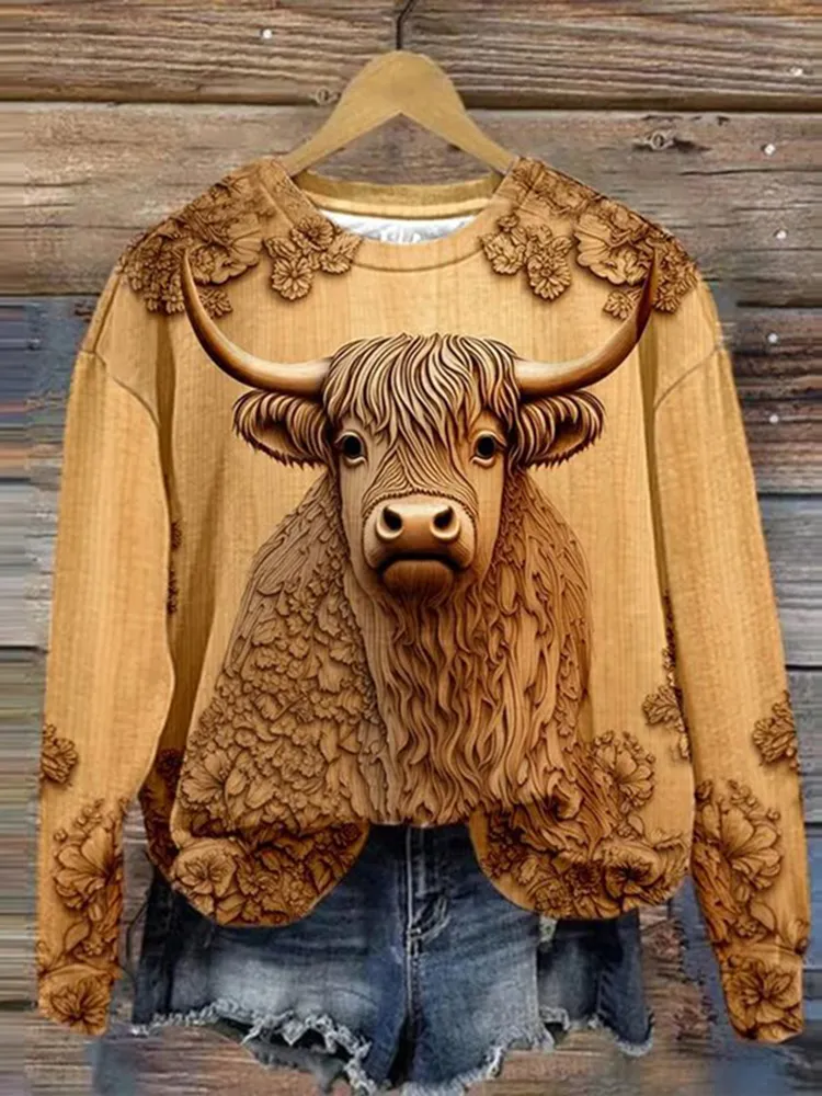 3D Highland Cow Print Long Sleeve Casual Sweatshirt