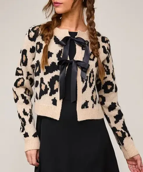 Leopard Ribbon Detail Cardigan - Beige/Black