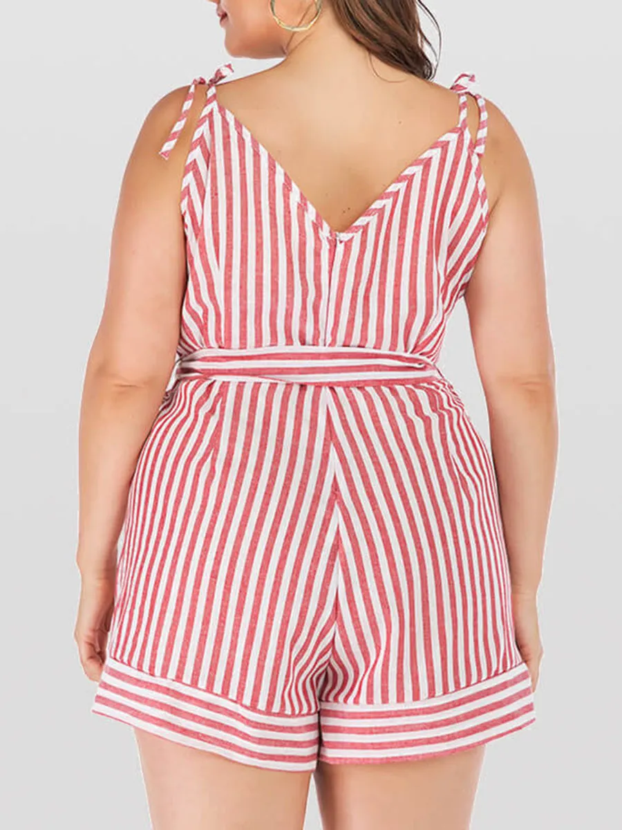 Plus Pink Crisscross Striped V-Neck Knot Side Romper