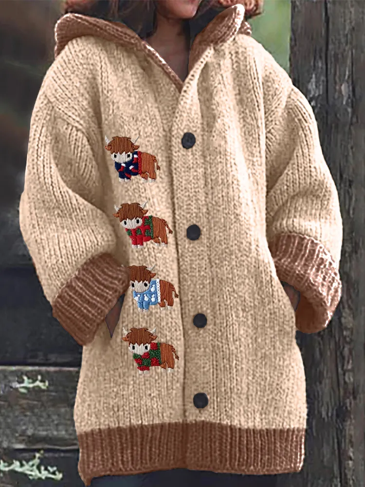 Highland Cow Embroidery Cozy Knit Cardigan