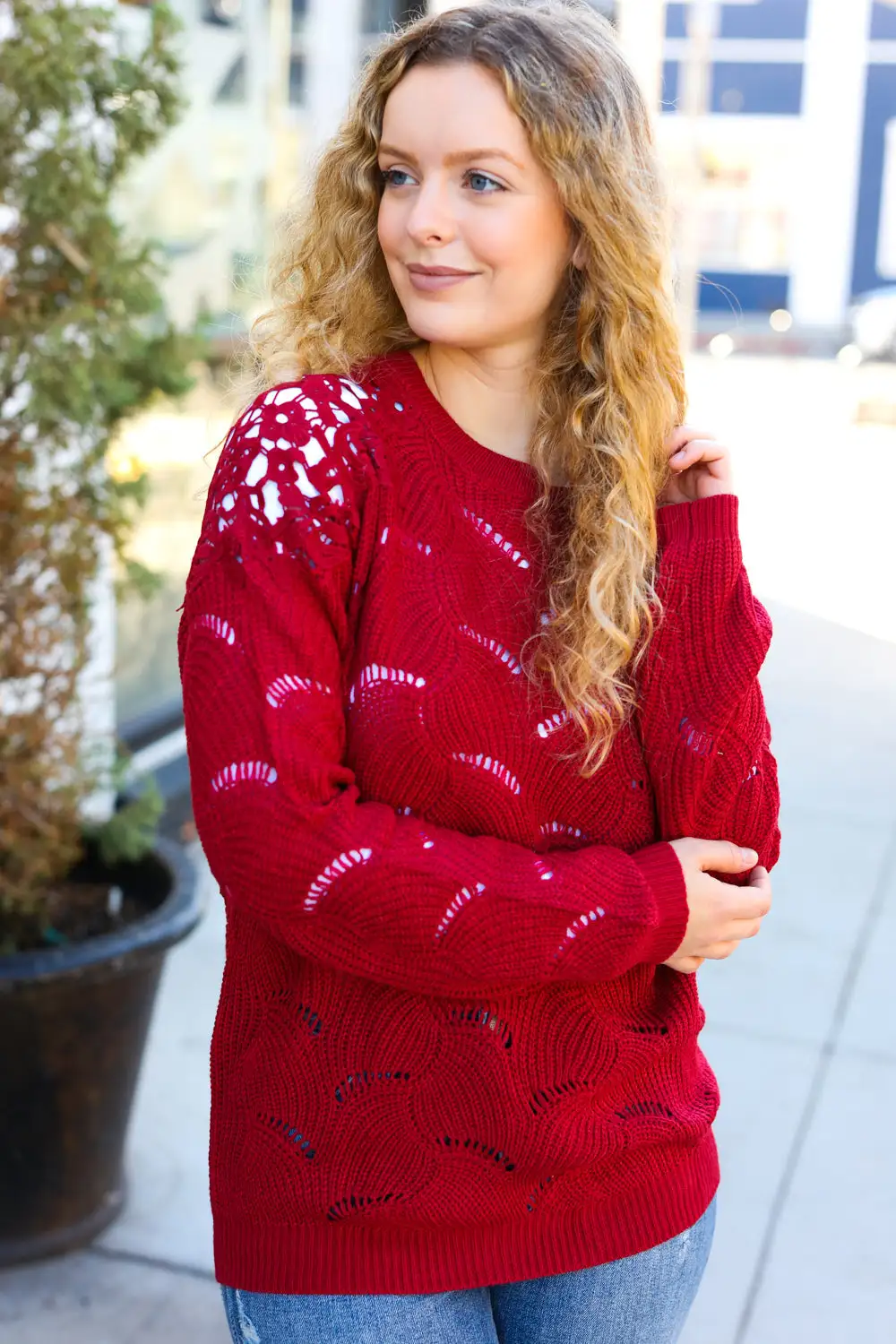 Holiday Casual Chic Burgundy Pointelle Lace Shoulder Knit Sweater