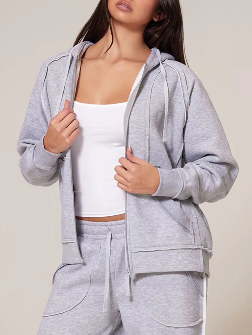 Grey Marl Exposed Seam Detail Zip Up Hoodie